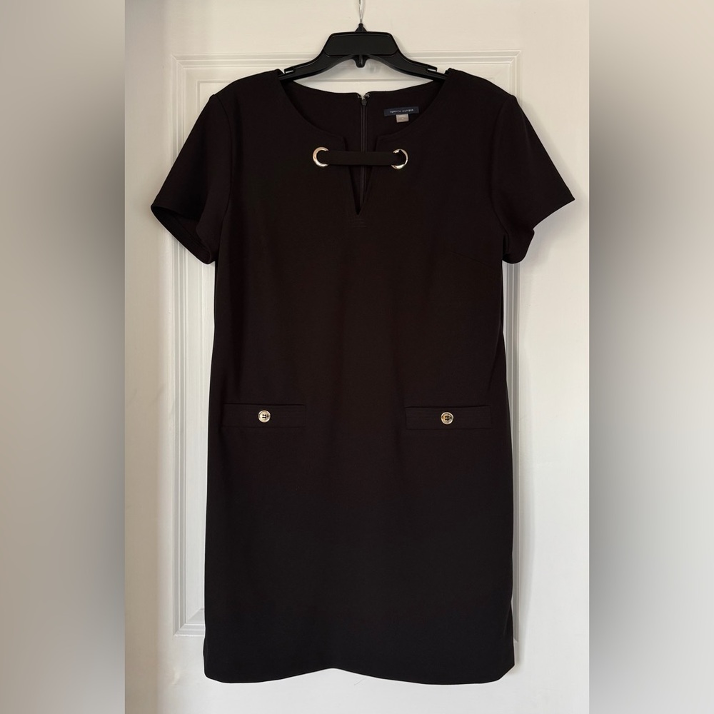 Tommy Hilfiger Black Mini Shift Dress with Gold Hardware